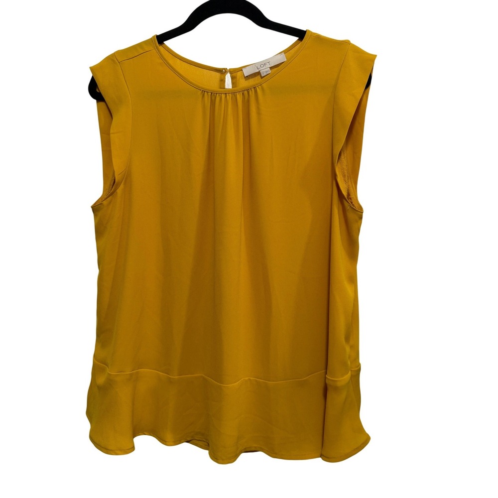 LOFT Mustard Yellow Sleeveless Pleated Peplum Blouse Ruffle Hem Large